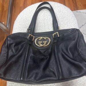 Gucci Black Leather Shoulder Bag with Gold Accents